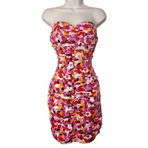 KATIA Pink Yellow Black Multi Print Strapless Ruching Bodycon Mini Dress L NWT
